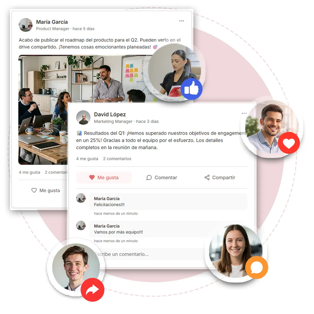 Feed social corporativo: publicaciones y conexión del equipo